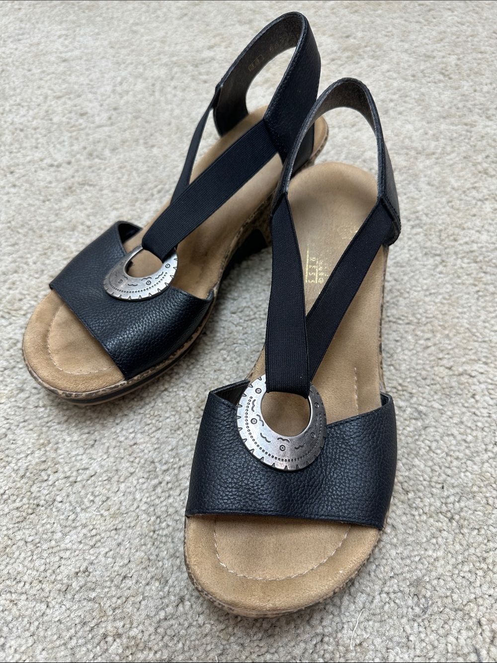 Rieker Women’s Black Elastic Strap Wedge Sandals. 7.5/ 38